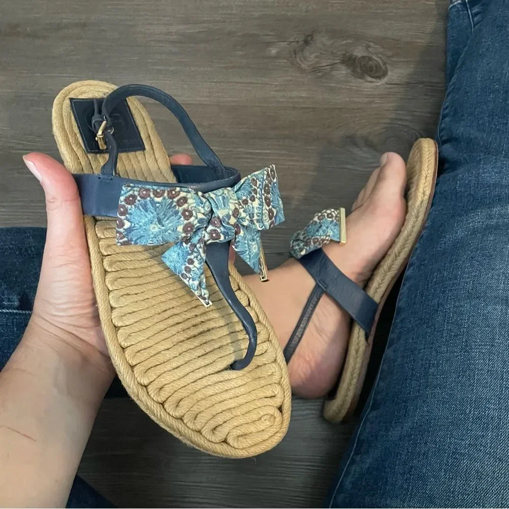 Tory Burch Penny Flat Bow Blue and Espadrilles Thong Sandals SZ 9.5
